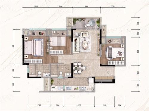 A4户型， 3室2厅2卫1厨， 建筑面积约87.00平米