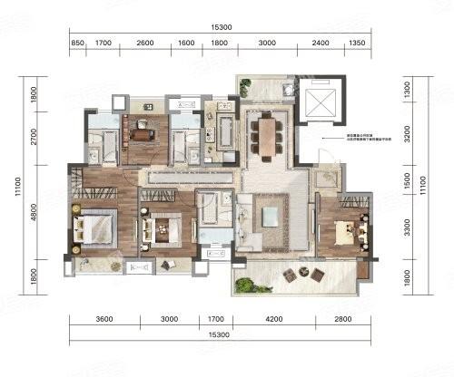 大平层A套内110户型， 4室2厅2卫1厨， 建筑面积约138.00平米