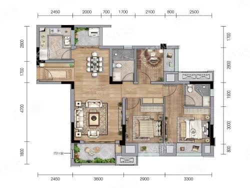 C1户型， 3室2厅2卫1厨， 建筑面积约99.70平米