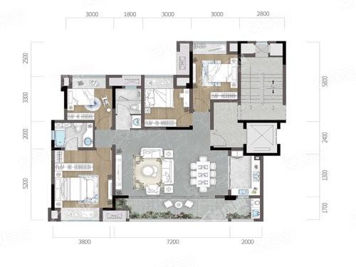 B户型， 4室2厅2卫1厨， 建筑面积约130.00平米