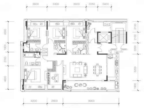 C套内174㎡户型， 5室2厅4卫1厨， 建筑面积约201.00平米