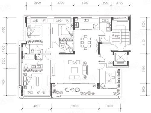 B套内146㎡户型， 4室2厅3卫1厨， 建筑面积约173.00平米