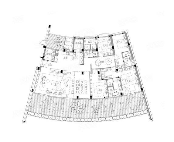 A5-303套内277户型  4室2厅4卫 建面约313.00平米