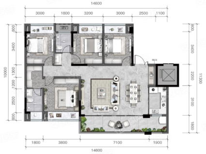 A-1套内118.64户型， 4室2厅2卫1厨， 建筑面积约141.25平米