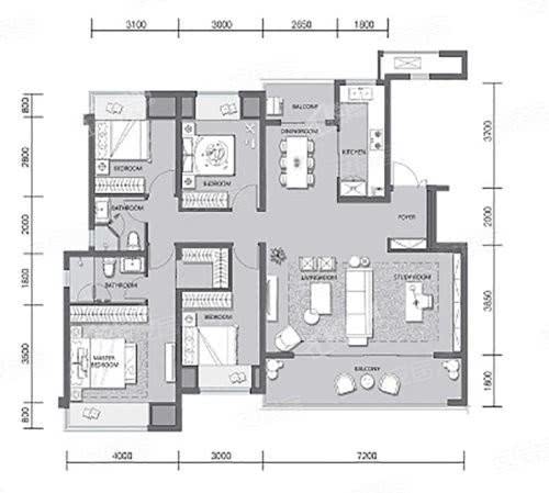 洋房A1户型， 4室2厅2卫1厨， 建筑面积约144.00平米