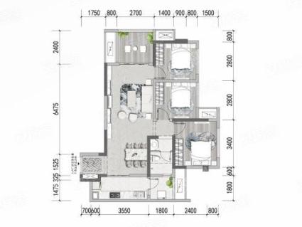 B户型， 3室2厅1卫1厨， 建筑面积约94.00平米