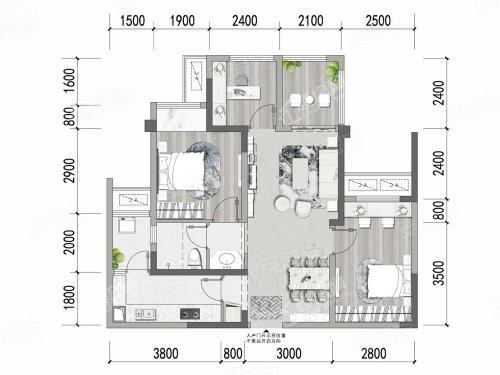 A户型， 3室2厅1卫1厨， 建筑面积约88.00平米