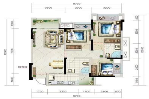 小高层C户型， 3室2厅2卫1厨， 建筑面积约98.54平米
