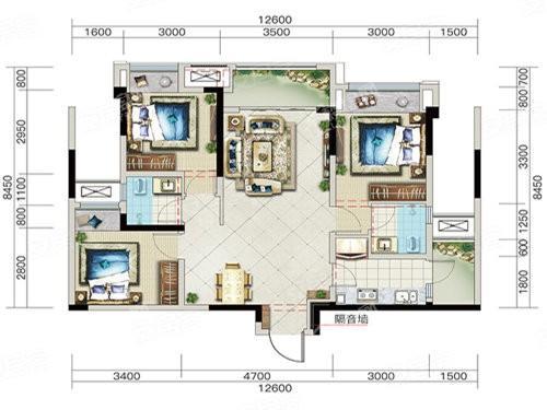 小高层E户型， 3室2厅2卫1厨， 建筑面积约93.67平米