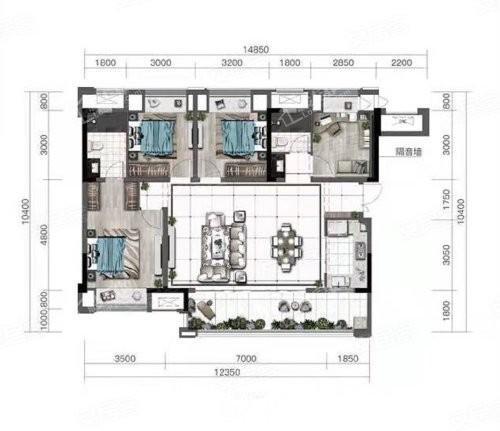 洋房A户型， 4室4厅2卫1厨， 建筑面积约120.73平米