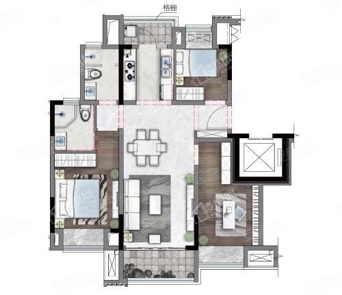 D套内80户型， 3室2厅2卫1厨， 建筑面积约96.00平米