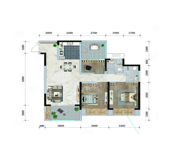 5#A1户型套内约80㎡， 3室2厅2卫1厨， 建筑面积约99.00平米