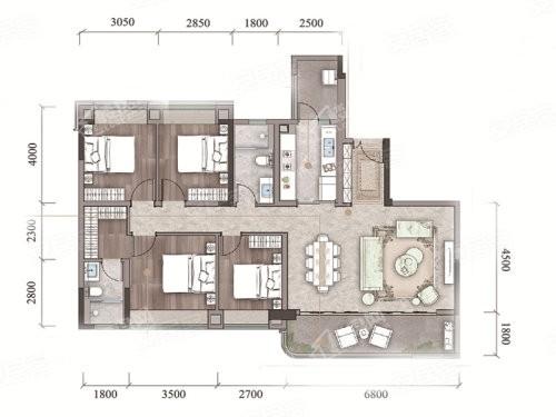 B3大平层户型， 4室2厅2卫1厨， 建筑面积约141.00平米
