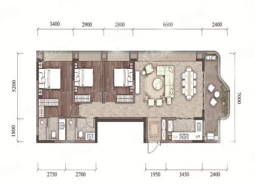 B1大平层户型， 3室2厅2卫1厨， 建筑面积约120.00平米