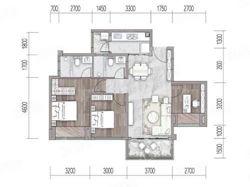 A01户型， 3室2厅2卫1厨， 建筑面积约93.00平米