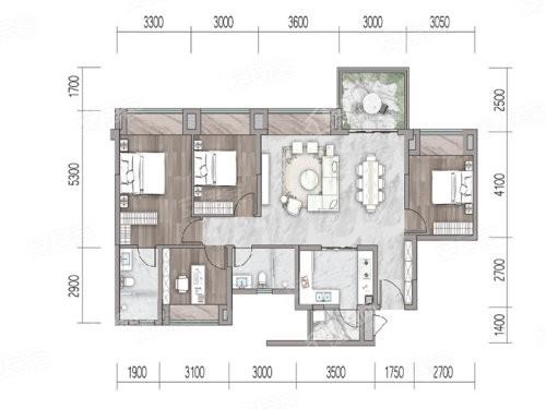 C01户型， 4室2厅2卫1厨， 建筑面积约126.00平米