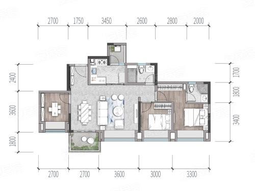 B02户型， 3室2厅2卫1厨， 建筑面积约99.00平米