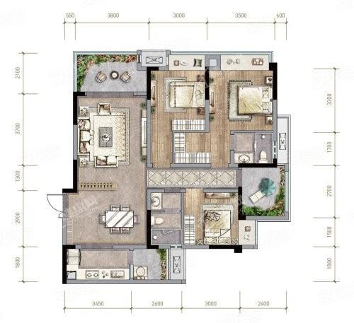 香澜山E1套内98㎡户型， 3室2厅2卫1厨， 建筑面积约123.06平米