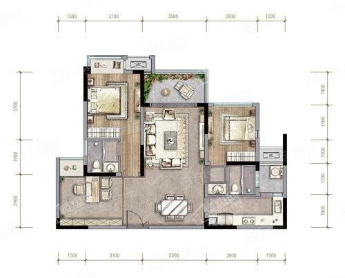 香澜山E3套内77㎡户型， 2室2厅2卫1厨， 建筑面积约96.12平米