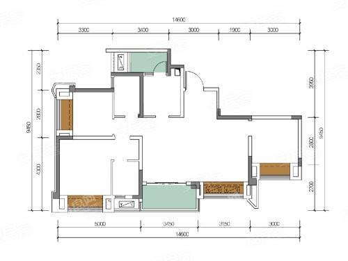 A户型套内79.69㎡， 3室2厅2卫1厨， 建筑面积约95.00平米