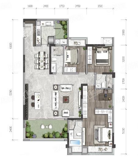 C1户型 3室2厅3卫  建面约160平米