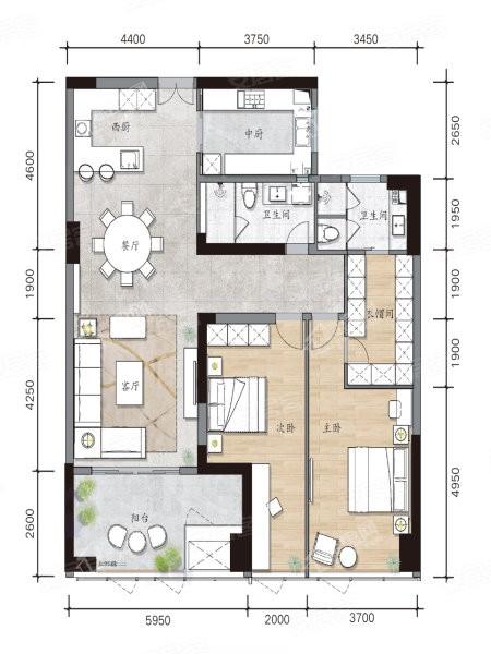 C13#套内144㎡户型， 2室2厅2卫2厨， 建筑面积约169.41平米