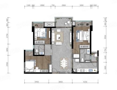 建面99户型， 3室2厅2卫1厨， 建筑面积约99.00平米