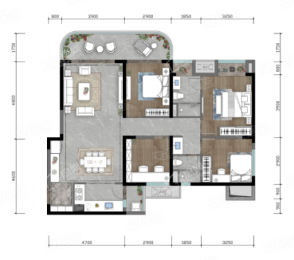 建面129户型， 3室2厅2卫1厨， 建筑面积约129.00平米