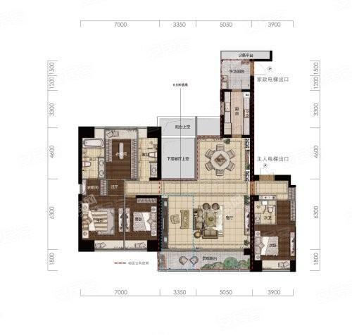 偶数层套内179户， 4室3厅3卫1厨， 建筑面积约238.00平米