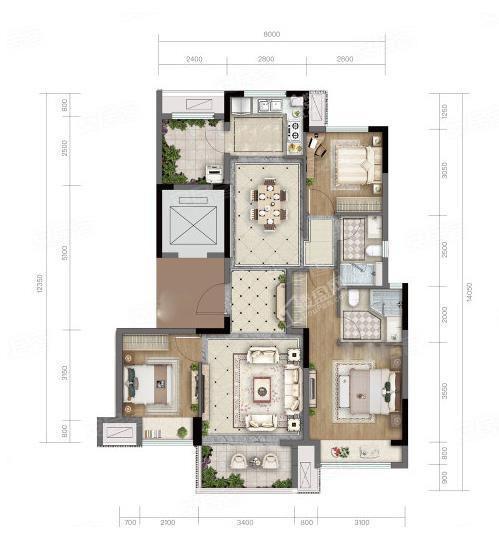 A户型 3室2厅2卫  建面约117.00平米