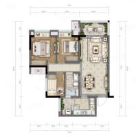 F1户型， 3室2厅1卫 建面约86.00平米