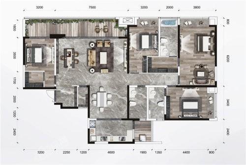 F2套内184户型， 4室2厅2卫2厨， 建筑面积约232.00平米
