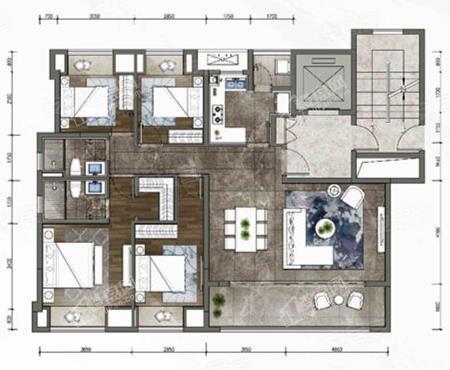 世茂江城铭著C户型， 4室2厅2卫1  建面约144.00平米