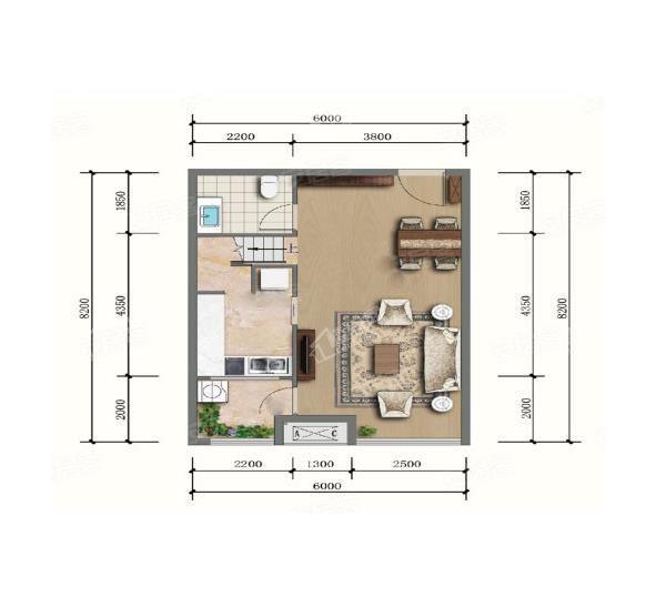 B1户型， 公寓， 建筑面积约64.00平米