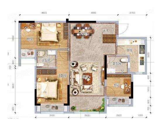 奥园玺樾九里 高层B-2户型， 3室2厅2卫  建筑面积约98.04平米