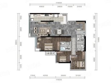 B户型， 3室2厅3卫1厨， 建筑面积约137.02平米