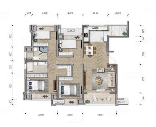 龙湖嘉天下 优悦洋房A户型， 4室2厅2卫1  建面约137.00平米