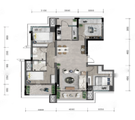 洋房套内103㎡D1户型， 4室2厅2卫1厨， 建筑面积约103.00平米
