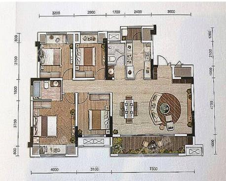 电建洺悦城 E户型， 4室2厅2卫 建筑面积约142.55平米