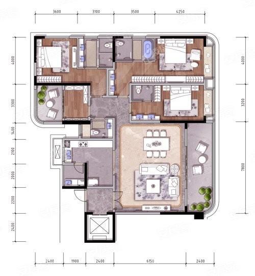 懿套内189户型， 3室2厅3卫1厨， 建筑面积约233.00平米