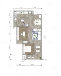 D套内73户型， 2室2厅1卫1厨， 建筑面积约93.00平米