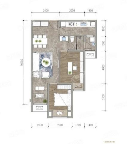 A套内67㎡， 1室2厅1卫1厨， 建筑面积约85.00平米
