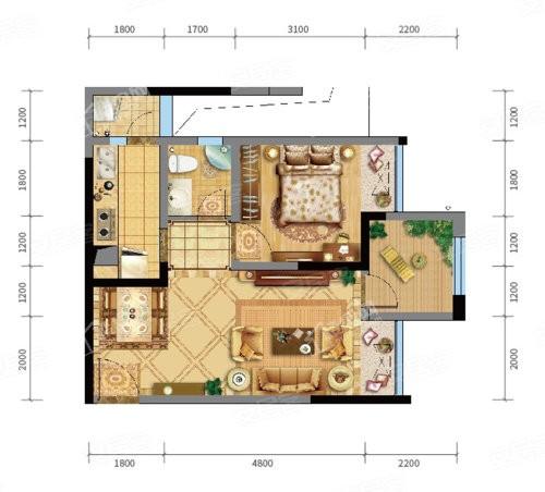 9#高层B4套内44㎡户型， 1室2厅1卫1厨， 建筑面积约56.86平米