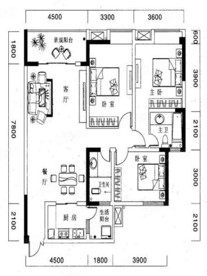 E户型， 3室2厅2卫0厨， 建筑面积约108.00平米