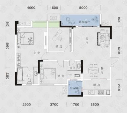 8号楼7号房户型， 3室2厅2卫0厨， 建筑面积约96.14平米