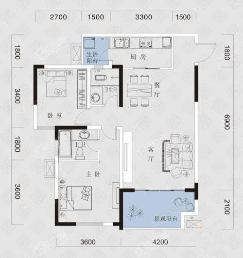 8号楼6号房户型， 2室2厅2卫0厨， 建筑面积约79.19平米