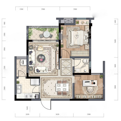 F2套内59㎡户型， 2室2厅1卫1厨， 建筑面积约72.60平米