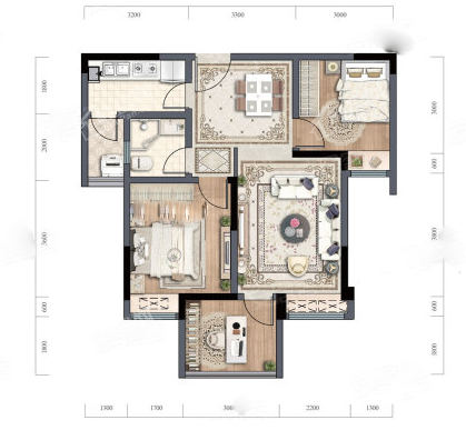 F4套内61㎡户型， 3室2厅1卫1厨， 建筑面积约75.28平米