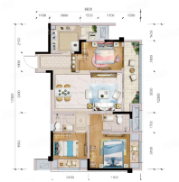 X1-3户型， 3室2厅2卫1厨， 建筑面积约96.06平米