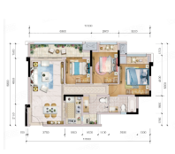 Y1-2户型， 3室2厅2卫1厨， 建筑面积约90.30平米